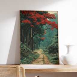 Forest Path Poster, Japanese Style Print, Red Maple Tree Wall Art, Nature Landscape Decor - thumbnail 2