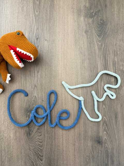 Personalised Dinosaur Name Wall Sign. Knitted Wire T-Rex With Name. Boys Room Decor - Theme - image 1