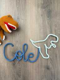 Personalised Dinosaur Name Wall Sign. Knitted Wire T-Rex With Name. Boys Room Decor - Theme - thumbnail 1