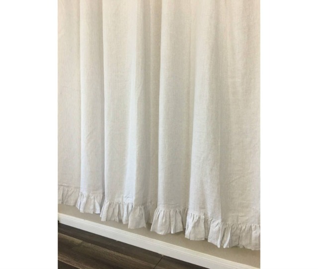 Stone Grey & White Ticking Striped Linen Shower Curtain With Self Ruffles, 72x72, 72x85, 72x94 Or Custom Size - image 1