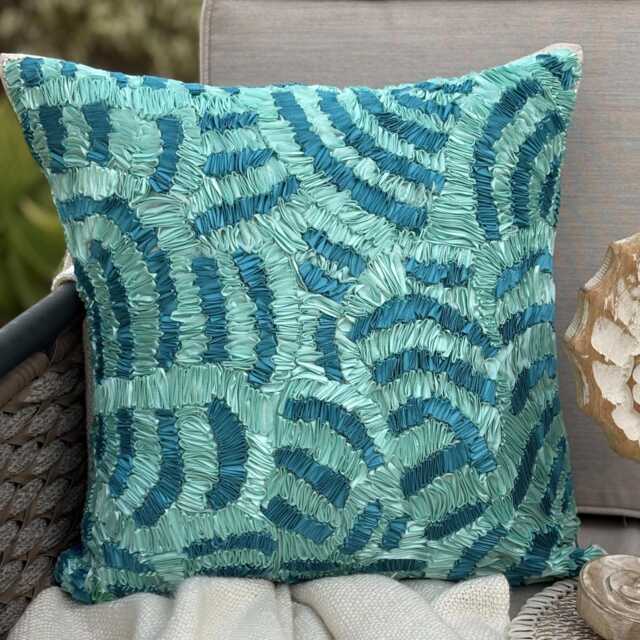 Blue Art Silk 16x16 Ribbon Embroidered Abstract Pattern Mediterranean Style Throw Pillow Cover - Aqua Ripples - image 1