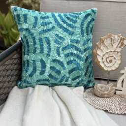 Blue Art Silk 16x16 Ribbon Embroidered Abstract Pattern Mediterranean Style Throw Pillow Cover - Aqua Ripples - thumbnail 2