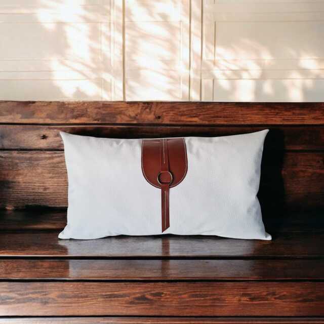 White Faux Leather Pillow Cover With Cognac Straps - Custom Euro Sham in All Sizes - image 1
