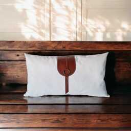 White Faux Leather Pillow Cover With Cognac Straps - Custom Euro Sham in All Sizes - thumbnail 1