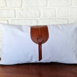 White Faux Leather Pillow Cover With Cognac Straps - Custom Euro Sham in All Sizes - thumbnail 2
