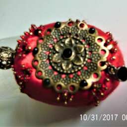 Handmade Red Beaded Christmas Ornament With Bronze Detail - thumbnail 2