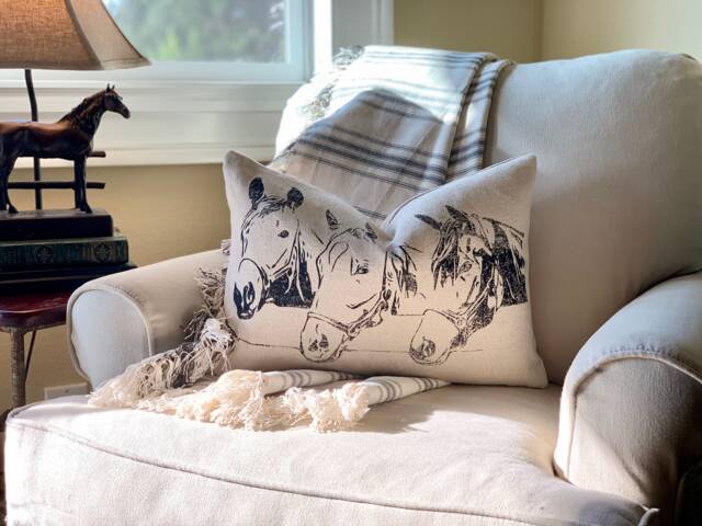 Grain Sack Horse Pillow - Three Horses At The Gate 14 X 20 Optional Down Feather Insert Lover Gift Zipper Enclosure - image 1