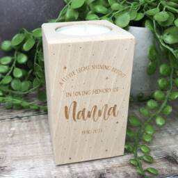 Personalised Engraved Wooden Memorial Tealight Holder Pillar Block With Stars Night Sky Theme, Remembrance Candle, in Loving Memory - thumbnail 2