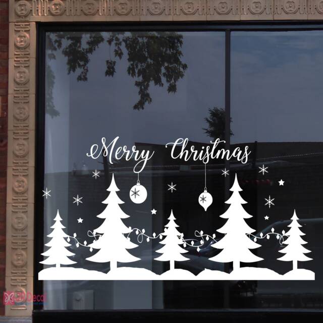 Merry Christmas Tree Snowflake Vinyl Wall Decal, Shop Window Decor - image 1