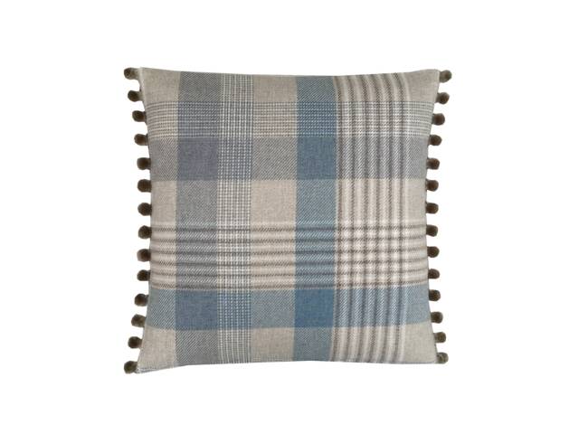 Katrine Tartan Plaid Throw Pillow Cover Blue Beige Tweed With Pompom Trim - image 1