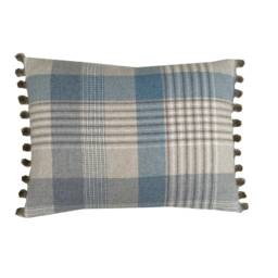 Katrine Tartan Plaid Throw Pillow Cover Blue Beige Tweed With Pompom Trim - thumbnail 2