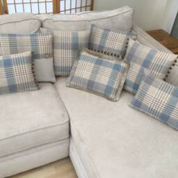 Katrine Tartan Plaid Throw Pillow Cover Blue Beige Tweed With Pompom Trim - thumbnail 3