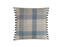 Katrine Tartan Plaid Throw Pillow Cover Blue Beige Tweed With Pompom Trim - thumbnail 1