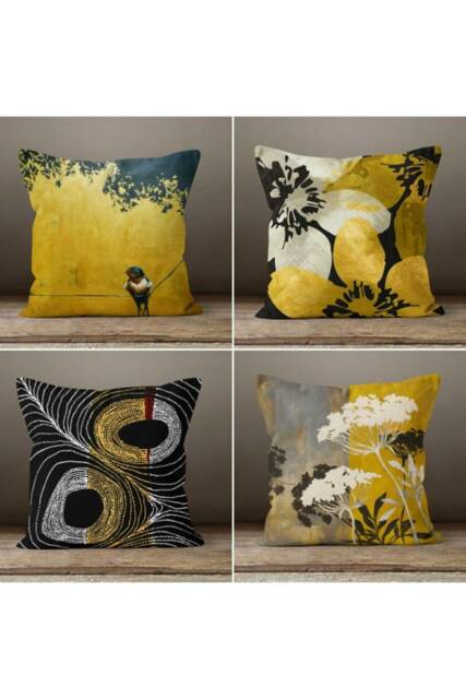 Gold Bird Cushion Cover-Flower Yellow Grey Pillow Case-Mustard Modern Leaves Case-Garden Throw Cover-Gift For Her - image 1