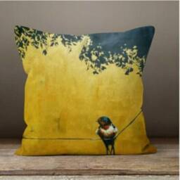 Gold Bird Cushion Cover-Flower Yellow Grey Pillow Case-Mustard Modern Leaves Case-Garden Throw Cover-Gift For Her - thumbnail 2