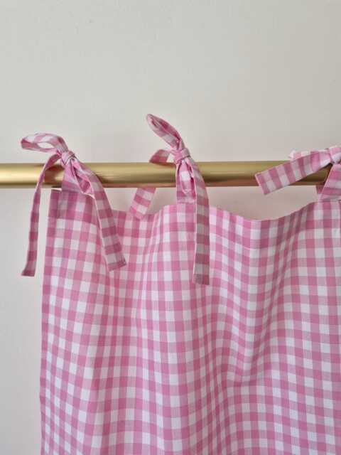 Pink Tie Top Gingham Curtains, Semi Sheer Checkered For Bathroom, Hanging Small Window, Header Drapes Light Filtering Valances Skirt - image 1