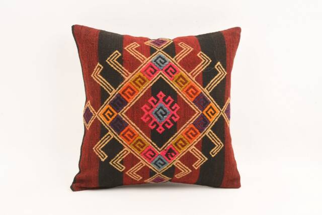 Handwoven Kilim Lumbar Pillow Turkish Wool Carpet, 16x16 Bohemian Decor - image 1