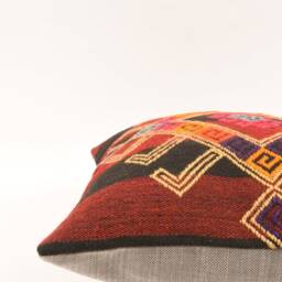 Handwoven Kilim Lumbar Pillow Turkish Wool Carpet, 16x16 Bohemian Decor - thumbnail 4