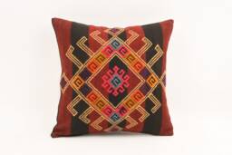 Handwoven Kilim Lumbar Pillow Turkish Wool Carpet, 16x16 Bohemian Decor - thumbnail 1