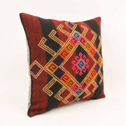 Handwoven Kilim Lumbar Pillow Turkish Wool Carpet, 16x16 Bohemian Decor - thumbnail 3