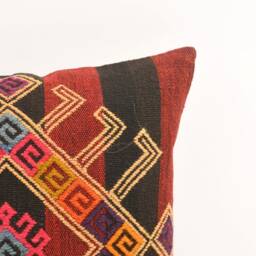 Handwoven Kilim Lumbar Pillow Turkish Wool Carpet, 16x16 Bohemian Decor - thumbnail 2