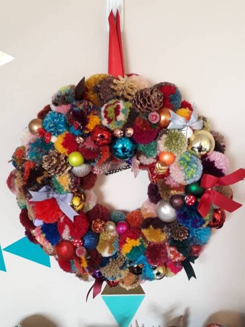 Christmas, Yule Or Winter Pompom Wreath. 350mm Diameter. A Glitzy, Glamorous, Unique Hand-Made Decoration. Wreath #2 - image 1