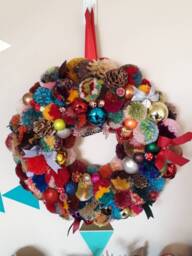 Christmas, Yule Or Winter Pompom Wreath. 350mm Diameter. A Glitzy, Glamorous, Unique Hand-Made Decoration. Wreath #2 - thumbnail 1
