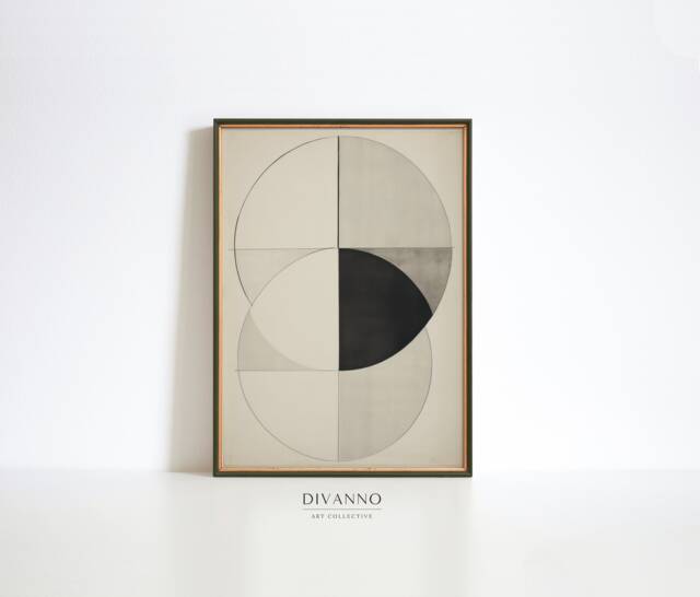 Minimalist Neutral Art Print, Black Beige Circles Digital Painting Poster, Abstract Wall Art, Modern Home Decor, Geometrical Canvas - image 1