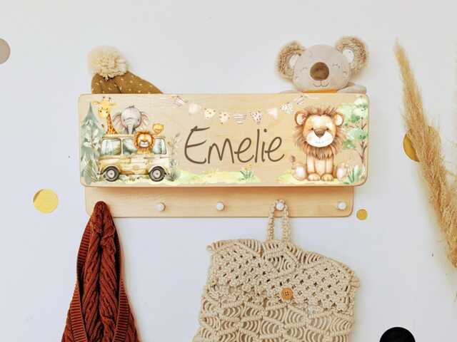 Wardrobe Children's Wardrobe With Storage For Gloves Child Room Name Individual Coat Hooks Rack Personalizable Safari - image 1