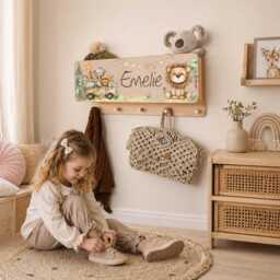 Wardrobe Children's Wardrobe With Storage For Gloves Child Room Name Individual Coat Hooks Rack Personalizable Safari