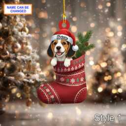 Custom Name Dog in Stocking Beagle Personalized Ornament, Christmas Tree Hanging Decor, 2D Flat Acrylic Ornament Holiday Gift
