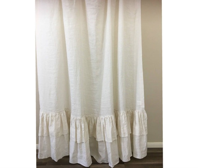 Cream Linen Shower Curtain With Double Layer Ruffles, Fabulous Chic Mildew-Free, 72x72, 72x85, 72x94, Or Custom Size - image 1