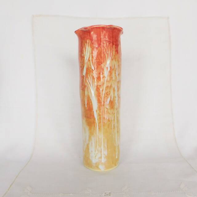 Tall Cylinder Vase in Golden Coral With Hand Carved Tasseled Grass Stems - image 1