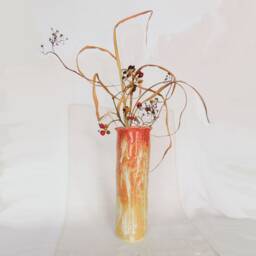 Tall Cylinder Vase in Golden Coral With Hand Carved Tasseled Grass Stems - thumbnail 3