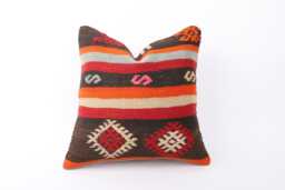 Vintage Turkish Kilim Pillow Cover Handwoven Wool Rug Cushion - 16x16 - thumbnail 1