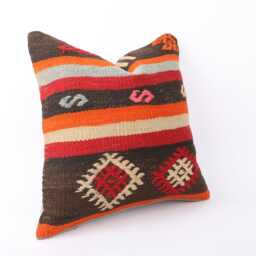 Vintage Turkish Kilim Pillow Cover Handwoven Wool Rug Cushion - 16x16 - thumbnail 3