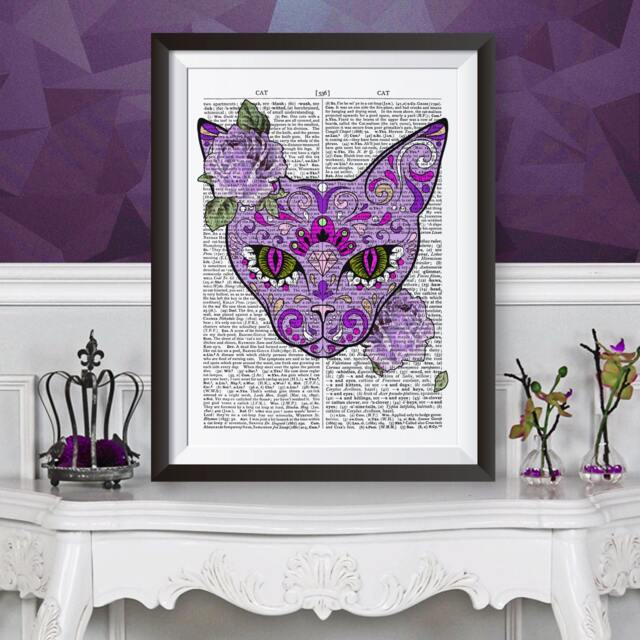 Purple Cat Day Of The Dead, Romantic Poster Print Dictionary Background Art, Wall Decor Artwork, Gothic Romantic, Poster Gift Idea - image 1