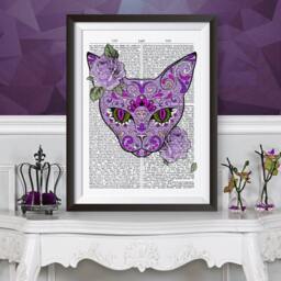 Purple Cat Day Of The Dead, Romantic Poster Print Dictionary Background Art, Wall Decor Artwork, Gothic Romantic, Poster Gift Idea
