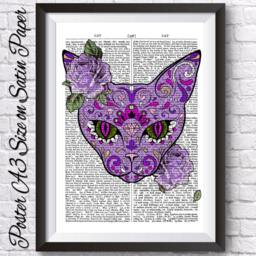 Purple Cat Day Of The Dead, Romantic Poster Print Dictionary Background Art, Wall Decor Artwork, Gothic Romantic, Poster Gift Idea - thumbnail 2
