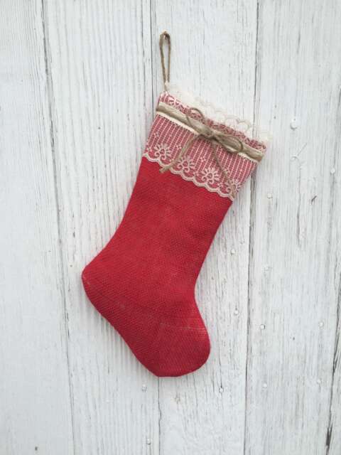 Red Burlap & Lace Christmas Stocking-Personalize With A Name-Shabby Chic-Natural/Folk/Country/Rustic-4 Colors Available-Customize - image 1