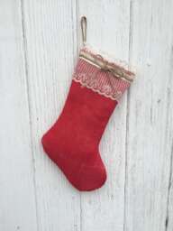 Red Burlap & Lace Christmas Stocking-Personalize With A Name-Shabby Chic-Natural/Folk/Country/Rustic-4 Colors Available-Customize - thumbnail 1