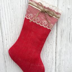 Red Burlap & Lace Christmas Stocking-Personalize With A Name-Shabby Chic-Natural/Folk/Country/Rustic-4 Colors Available-Customize - thumbnail 2