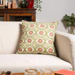 Mandala Motif Linen Print Cushion Cover in Green. Linen-Blend Indian Block-Print Design Sage Green, Burnt Orange & Ivory. 17x17