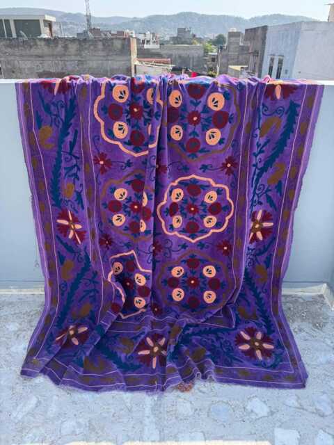 Bohemian Velvet Suzani Quilt - Handmade Ethnic Embroidered Blanket - image 1
