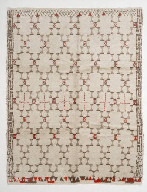 Handmade Beige Moroccan Rug Berber Atlas Design, Mid Century Modern - image 1