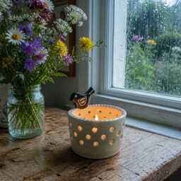 Handmade Ceramic Black Bird Tea Light Holder Home Decor, Handcrafted Pottery - thumbnail 1