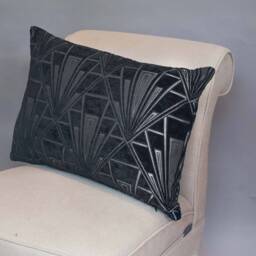 Art Deco Xl Rectangular Cushion. Geometric Black & Silver. Luxury Velvet Chenille. 23X15