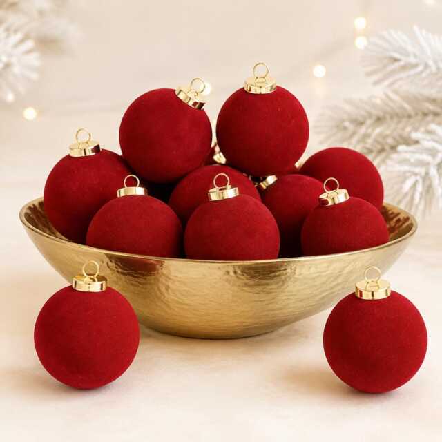 Red Flocked Christmas Ornaments Set, Burgundy Velvet Baubles, Elegant Holiday Tree Decor - image 1