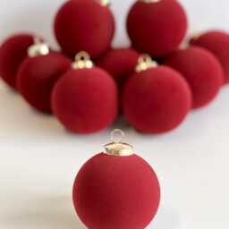 Flocked Christmas Ornaments Cherry Red, Burgundy Colors - 12 Pcs Elegance Holiday Decor - thumbnail 2