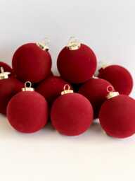 Flocked Christmas Ornaments Cherry Red, Burgundy Colors - 12 Pcs Elegance Holiday Decor - thumbnail 1